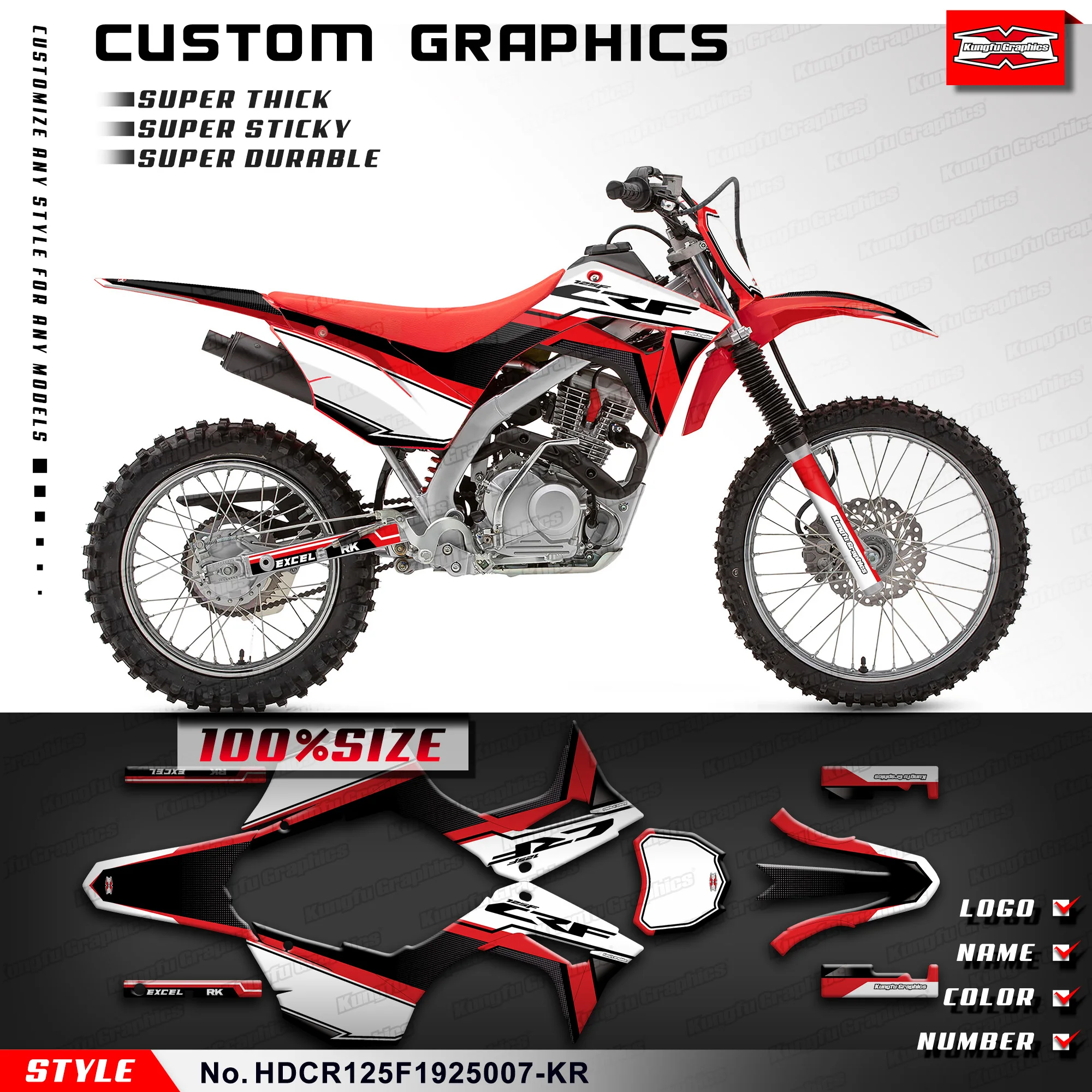 KUNGFU GRAPHICS Custom Stickers Vinyl Kit for Honda CRF 125F CRF125F 2019 2020 2021 2022 2023 2024 2025, HDCR125F1925007-KR