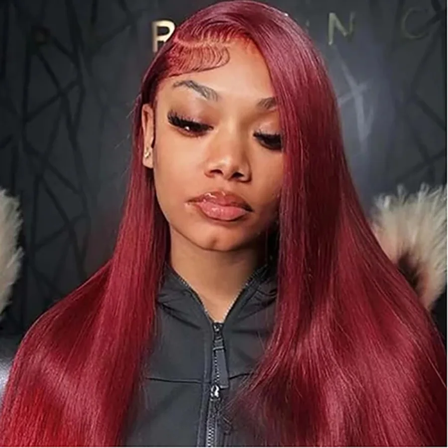 

3B 3C Wine Red Straight Hair Wigs Frontal Human Hair Wigs 200 Density 36 Inches For Women