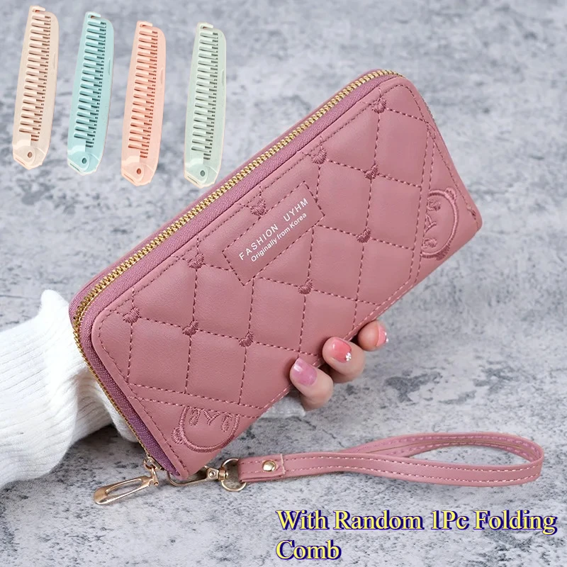 Fashion Simple PU Multifunctional Long Women'S Wallet, With 1Pc Folding Comb, Zipper Closure, Designed Specifically For Women, P