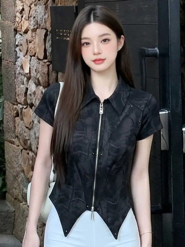 

Retro Tie Dye Neck Waist Cinched Short Sleeve T Shirt Women Summer Irregular Size Belly Baring Short Top