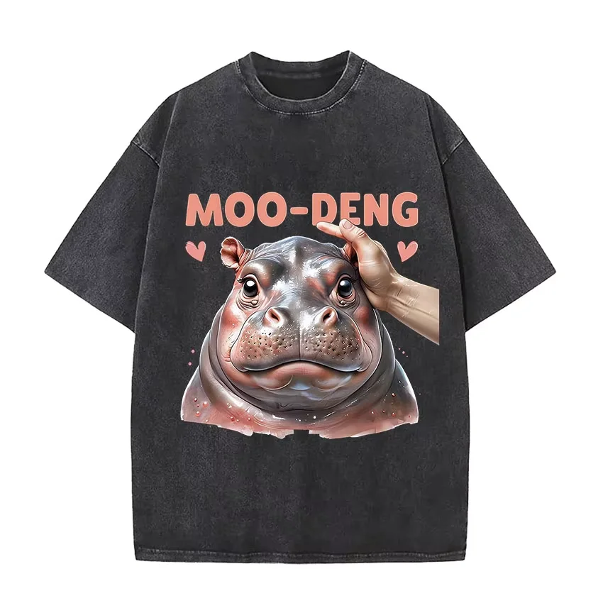 Washed Vintage Moo Deng Baby Hippo Funny Meme T-shirt Men Women Casual Oversize T Shirt Male O-collar Cotton Short Sleeve Tshirt