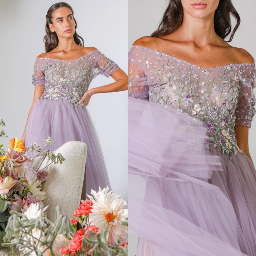 Meetlove Prom Dresses Eleagnt Off the Shoulder A-line Empire Flower Party Dress Floor Length Sequin Short Sleeve Formal Evening