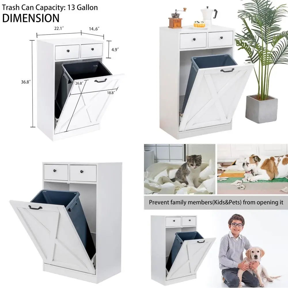 

Белый деревянный отдельно стоящий кухонный шкаф для мусора с наклонным ящиком для переработки и хранения вещей