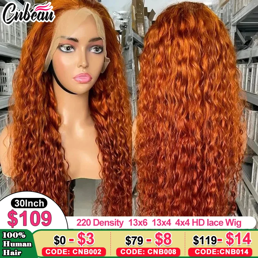 Orange Ginger Deep Wave 30 Inch Human Hair Wig 13x4 13x6 HD Lace Curly Wave Color Lace Frontal Human Hair Wigs For Women