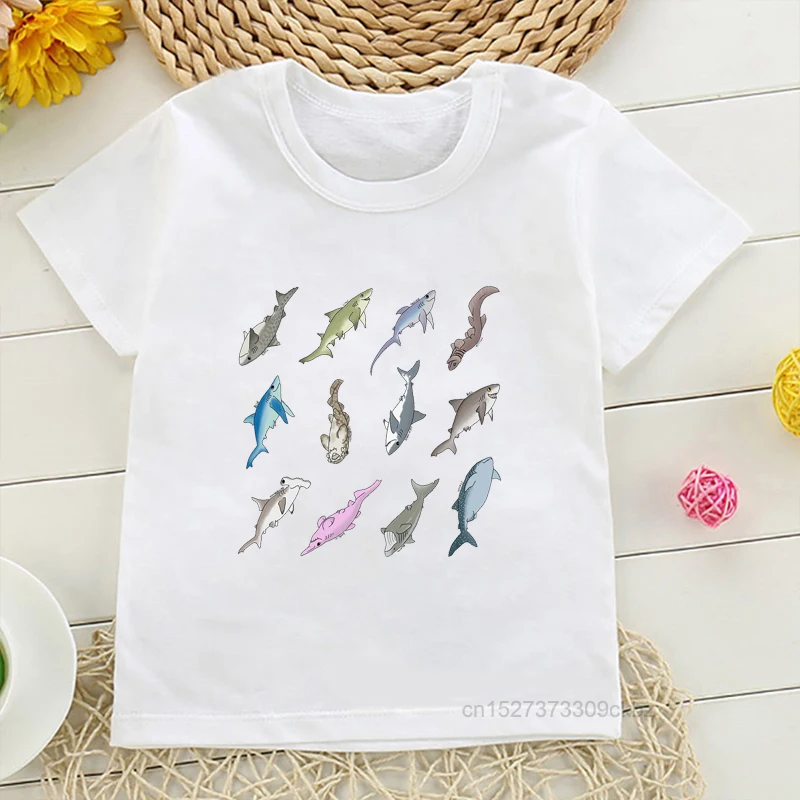 Types Of Shark Identification Cartoon Print Tshirt Boys Kawaii Kids Clothes Cute T-Shirt Children\'S Clothing Summer Tops Tee