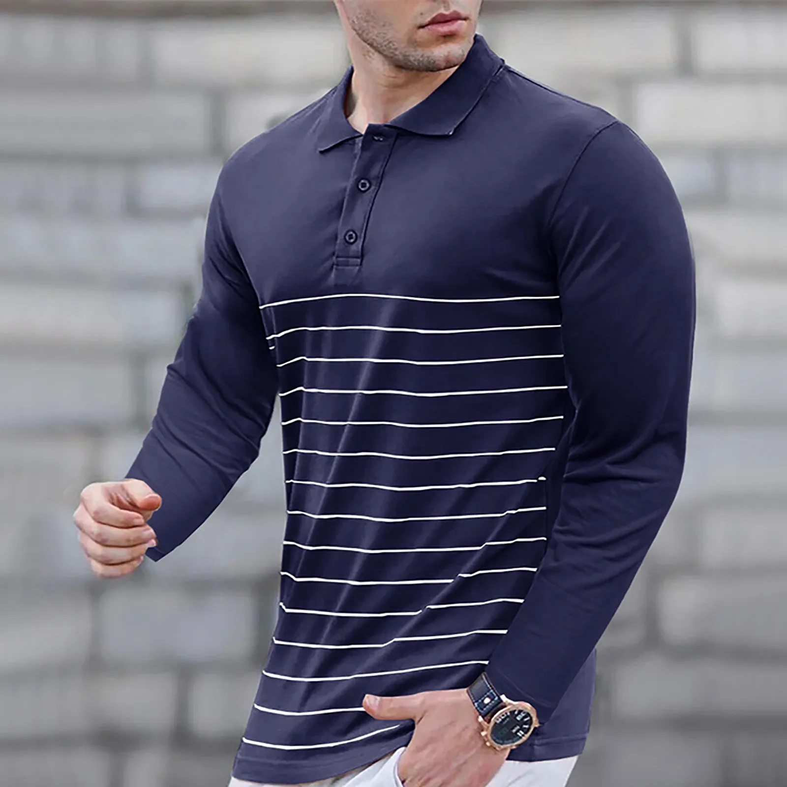 Men's Fashion Striped Printed T-Shirt Spring Long Sleeved Turndown Collar European And Casual Shirts Fitting Business Trend Tops