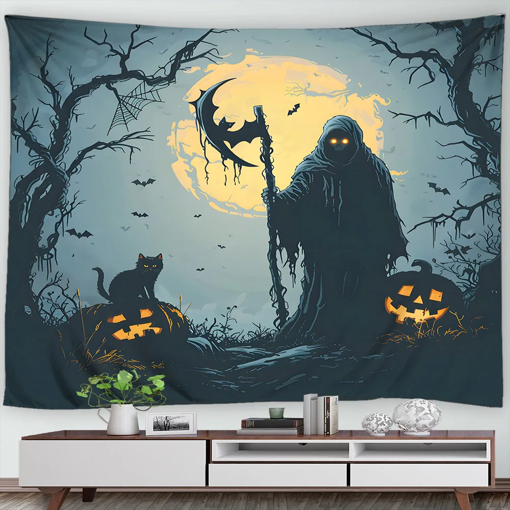 Halloween Scary Tapestry Wall Hanging Decor Horrid Mummy Skeleton Grim Reaper Black Gown Graveyard Living Room Bedroom Tapestry