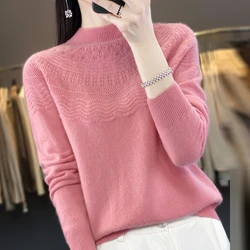 Autumn Winter New Women 100% Merino Wool Pullover Mock-neck Basic Sweater Hollow Solid Cashmere Knitwear Female Bottoming Shirt