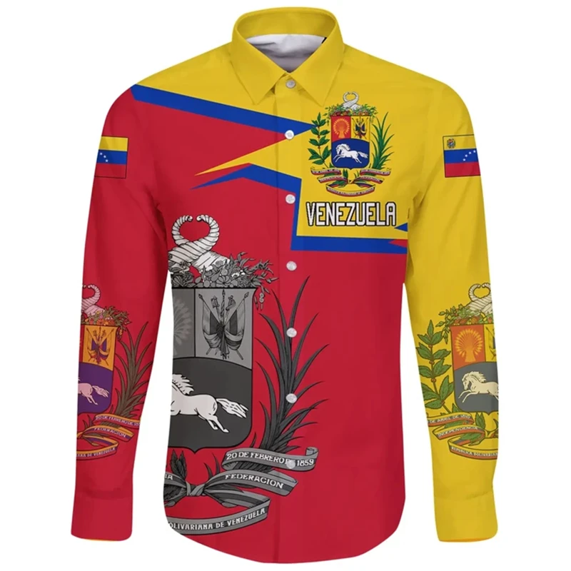 Venezuela Flag 3D Printed Shirts For Men Clothing Casual Venezuela National Emblem Graphic Long Sleeve Sports Blouse Lapel 2024