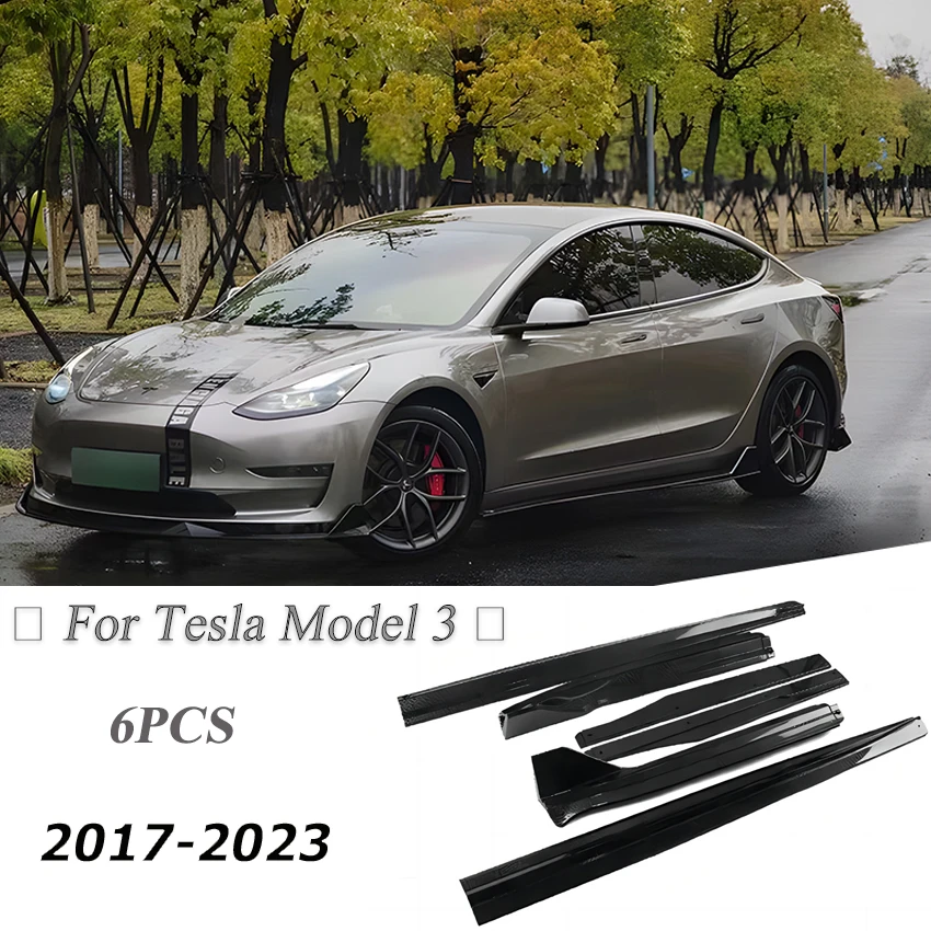 Car Exterior Side Skirts Extension Rocker Body Kit For Tesla Model 3 2017-2023 ABS Carbon Look/Gloss Black Side modification