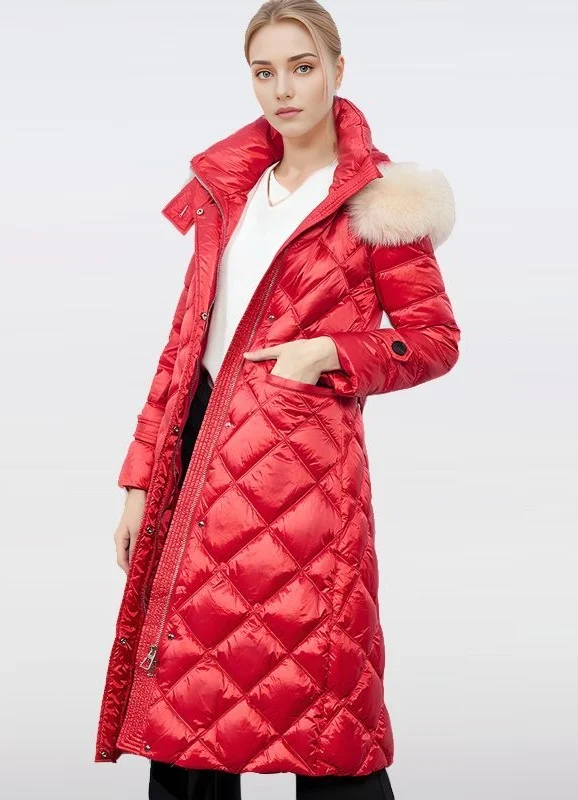 Winter New European Fashion Big Plush Neck Down Coat Women Mid Length Windproof Hood Slim Fit Warm Lace Up White Duck Down Coat