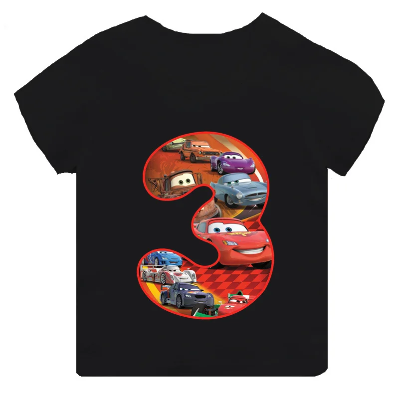 Car Pixar Lightning McQueen Number 1-9 Printed T-Shirt Solid Color Playful Short Sleeve Neat Cotton Top Uniquely Designed Cloth