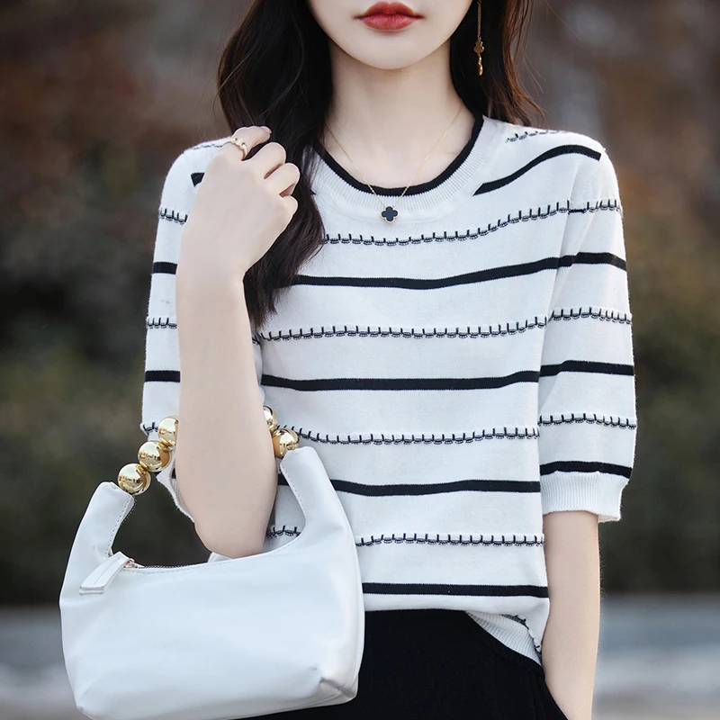 

Women's Summer Short Sleeved Round Neck Sweater Spring And Autumn 100% Andy Velvet Knit Sweater Casual T-shirt Elegant Top 2025