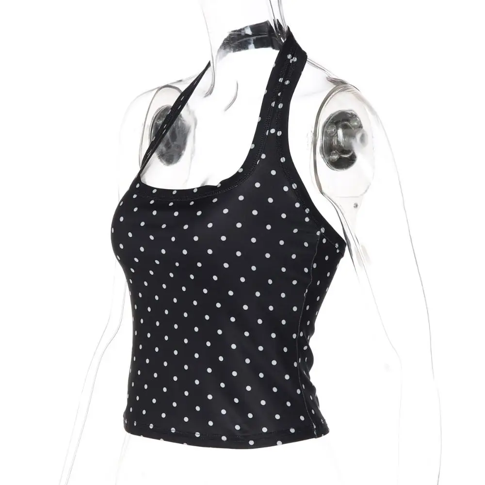Polka Dot Print Crop Tank Top Square Collar Slim Fit Backless Crop Top Hanging Neck Solid Color Women's Crop Top Birthday Party