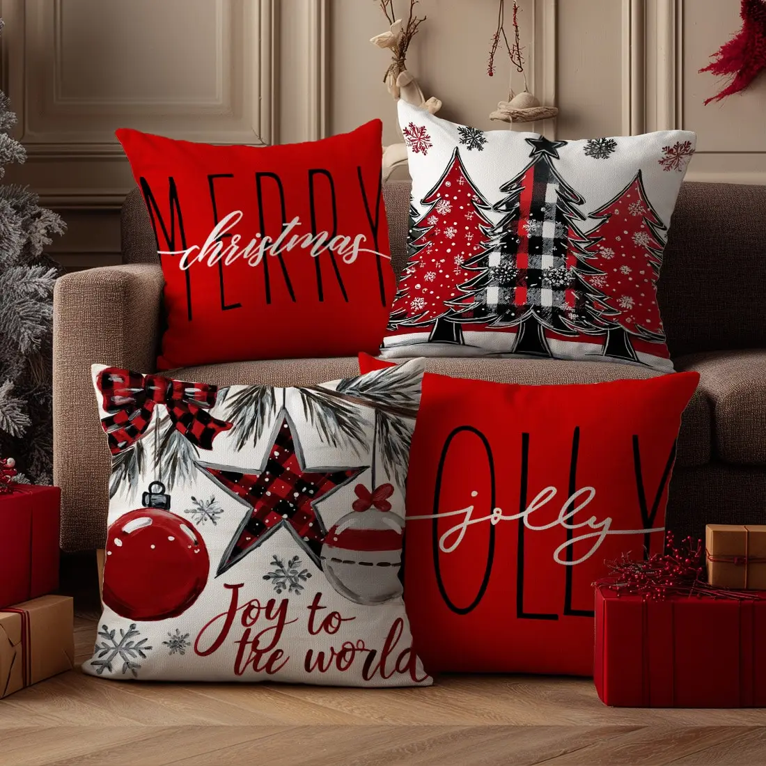 4pcs Christmas Simple Red & Black Plaid Christmas Tree Illustration Cushion Cover Set Polyester Pillow Case For Room Decoration