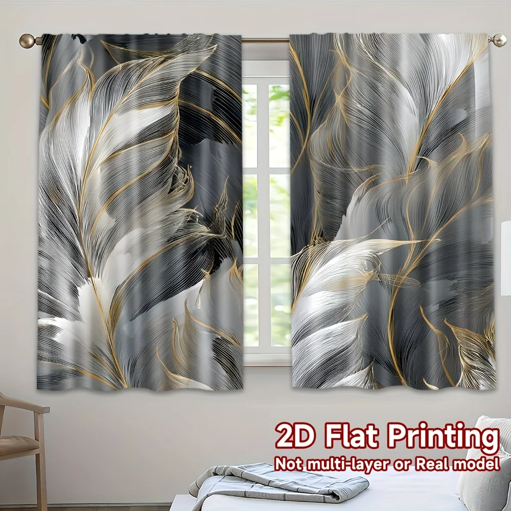 Modern Abstract Gold Feather Print Curtains Luxury Metallic Drapes for Living Room Bedroom Window Treatments Elegant Gold Silver