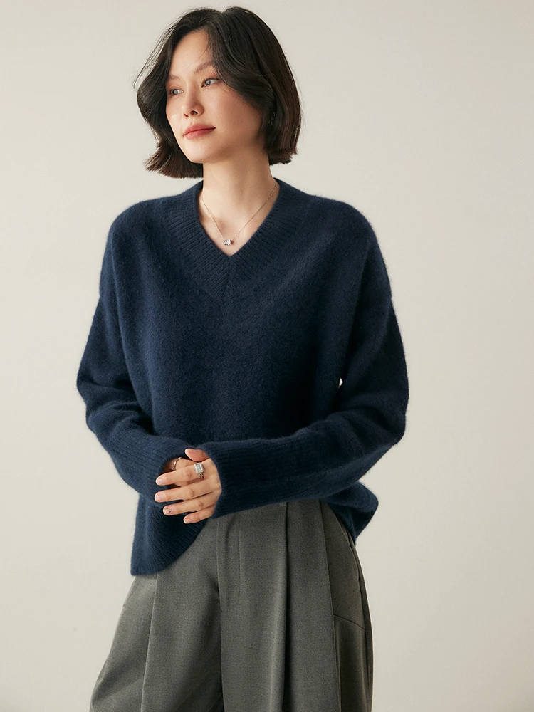 100% Cashmere Sweater Luxury  Women V-Neck Pullover Autumn Winter Thick Simple Style Soft Cashmere Knitwear Casual Loose Tops