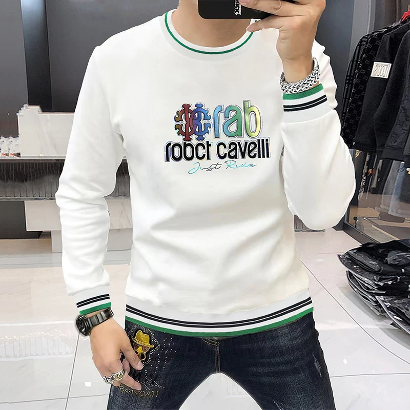 

Men's Hoodie Fashion Diamond Letter Long Sleeved Round Neck Shirt Plush Pullover Clothing Winter Slim Fit Trend Male Sweater 4XL