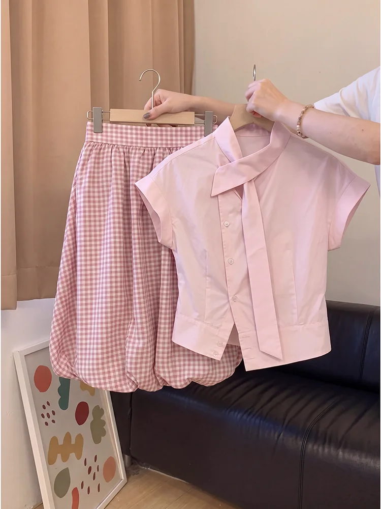 Parkyeon Summer Korean Style Fashionable Design Soft Age-Reducing Pink Plaid Halterneck Top And Skirt Set Women's Casual Wear