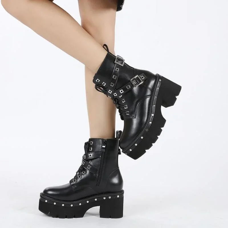 

Punk Platform Women Ankle Boots Women's Motorcycle Boot Fashion Ladies Chunky heels Platform Shoes plus big size