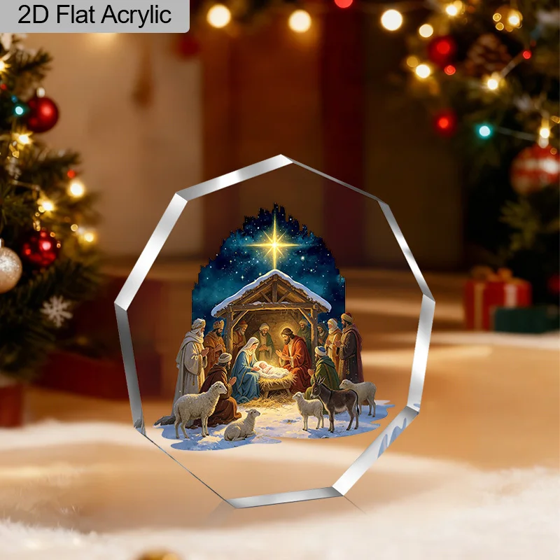 CIFBUY Acrylic Plaque 2D Flat Octagon Nativity Scene Tabletop Decor Religious Christian Manger Display Ornament Birthday Gift
