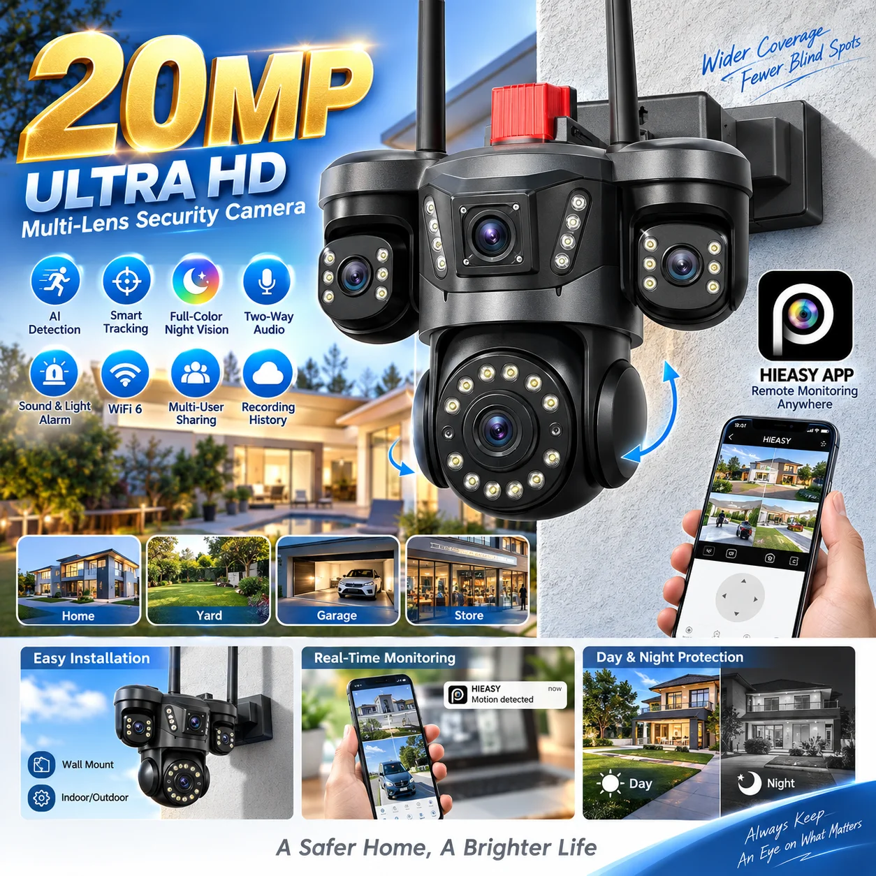 20MP 10K Outdoor WiFi PTZ Security Camera 4 Lens 4 Screen IP Camera 16X Zoom Auto Tracking 360° View Wireless CCTV