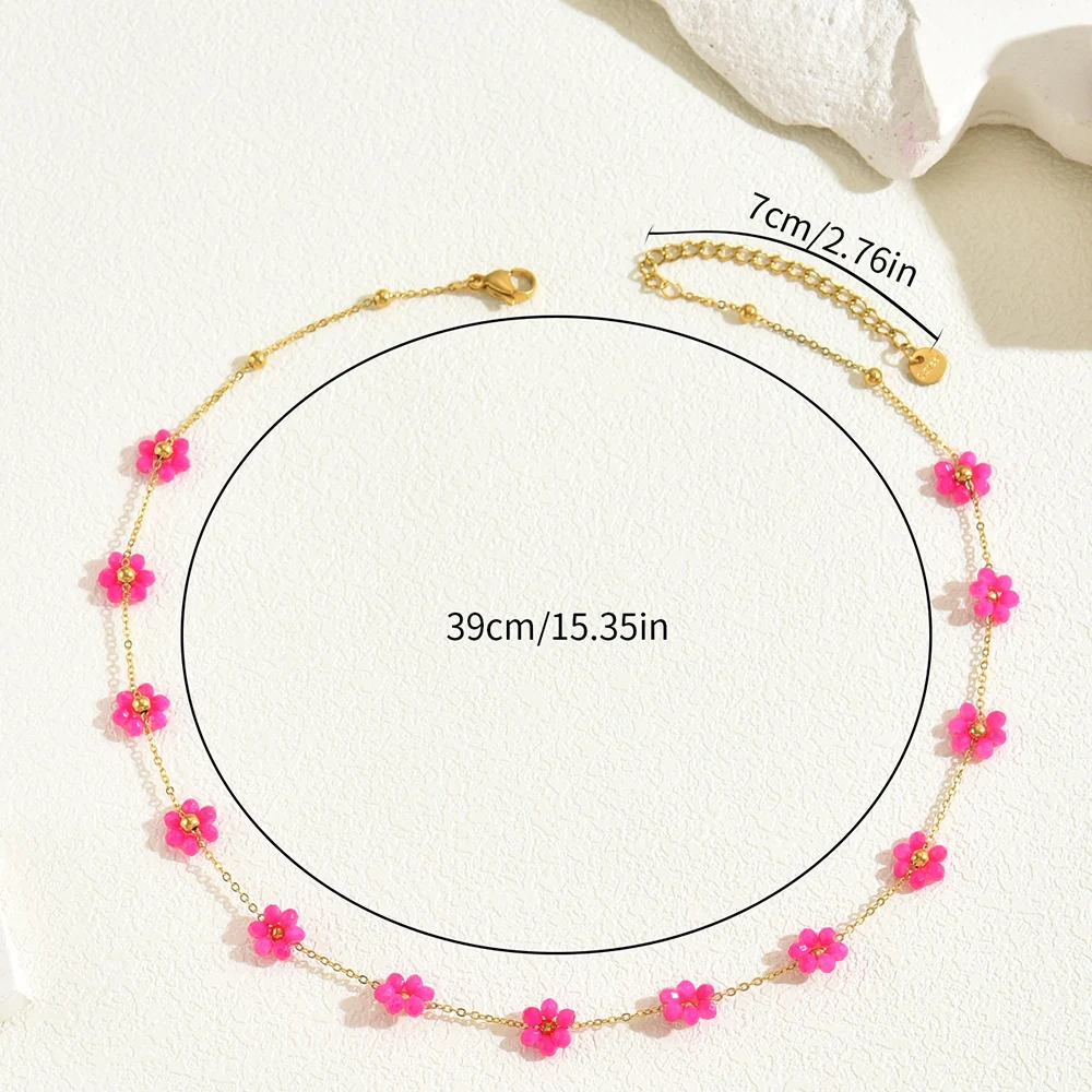 Fuchsia Glass Handmade Flower Charms Choker Necklace For Women Gold Color Tiny Chain Multi Color Flower Linked Cute Necklace