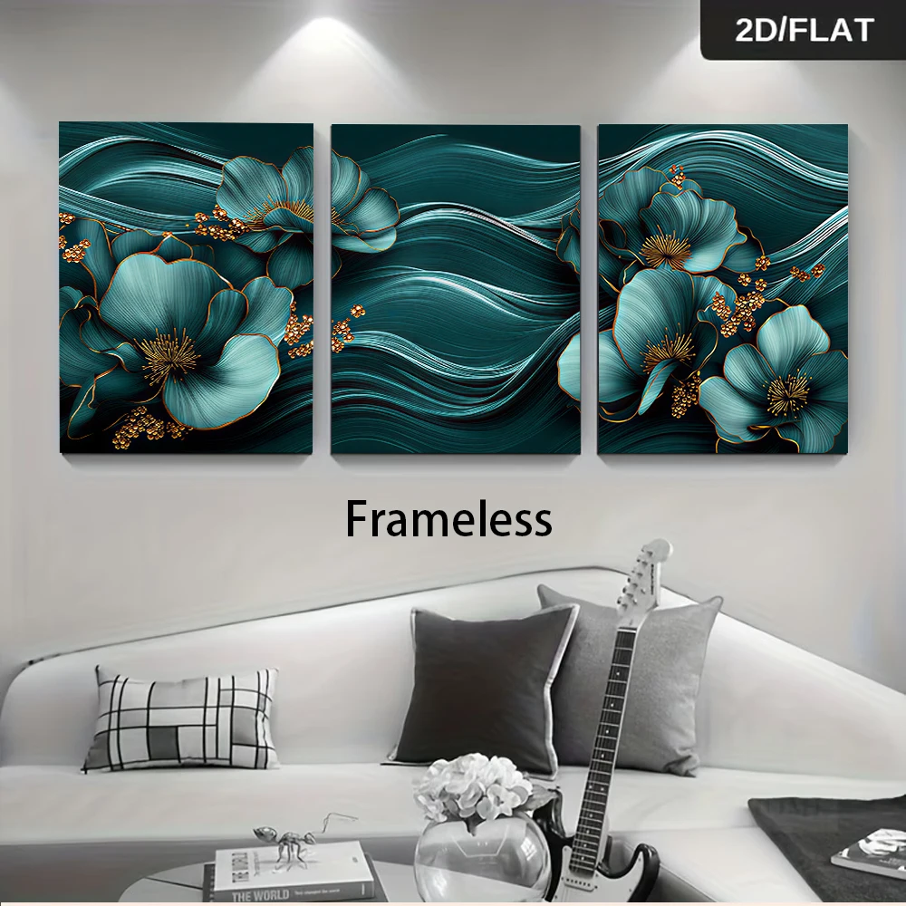 3PCS Large-sized frameless canvas paintings,1 set of modern, light luxury emerald green abstract floral triptych frameless decor