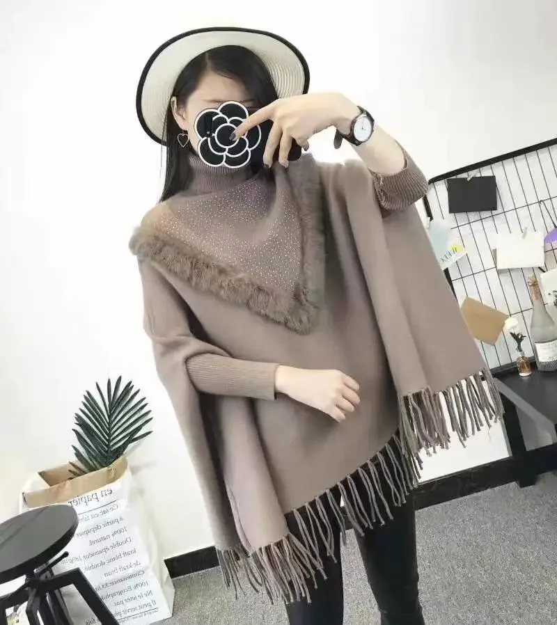 V Style Fur Beading Diamond Sweater Tassel Loose Knitwear Long Batwing Sleeve Streetwear Poncho High Neck Thick Knits Pullover