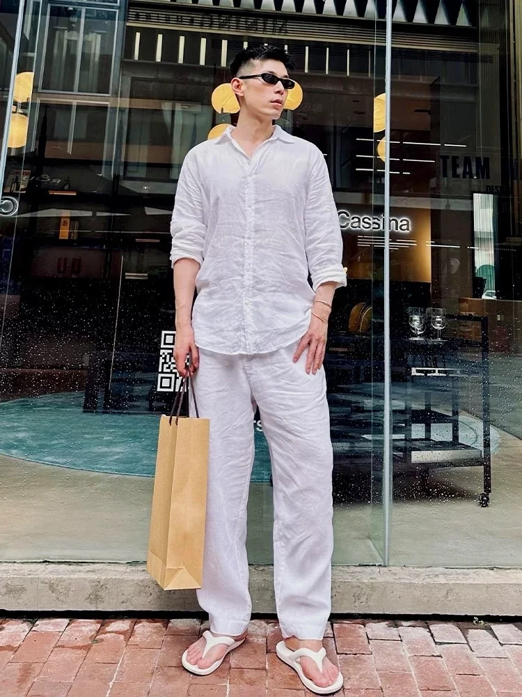 

Белый мужской летний комплект из двух предметов: рубашка и брюки свободного кроя для защиты от солнца, повседневный наряд из смесового хлопка и льна