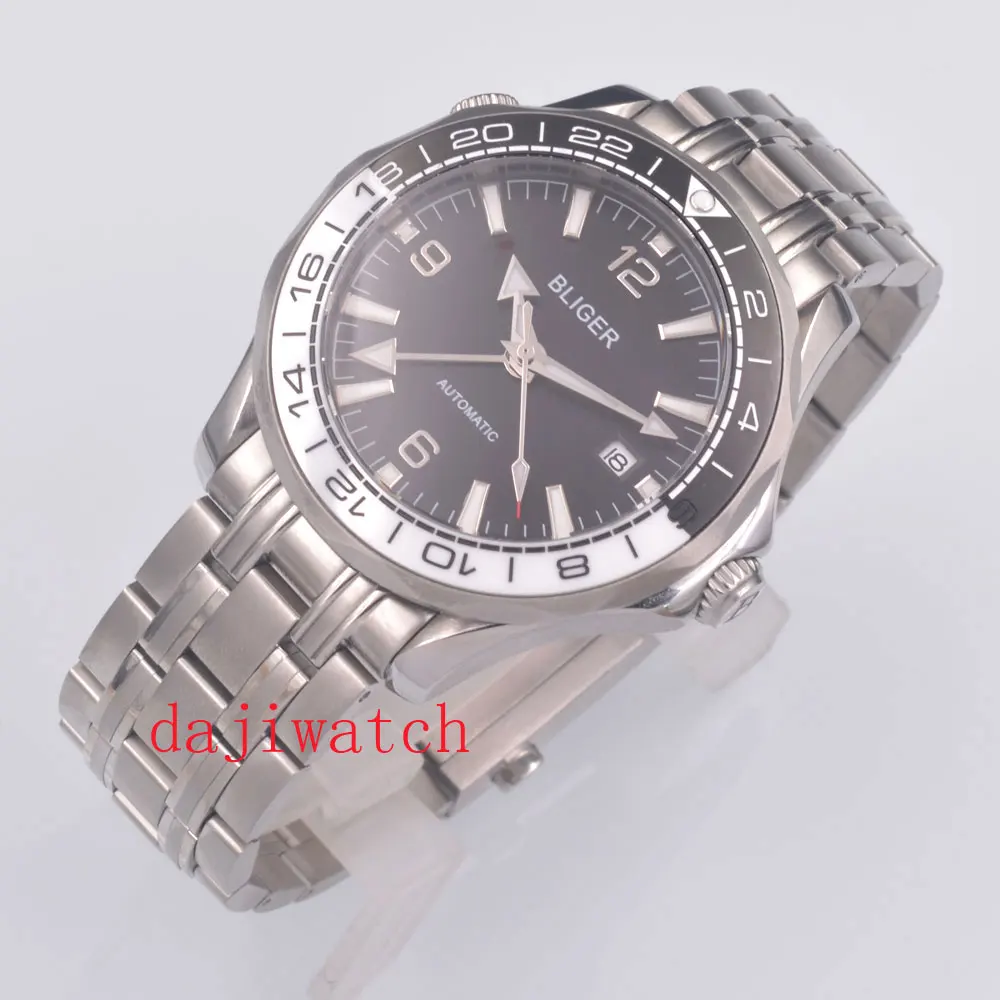 

41MM Bliger Black Dial Sapphire Crystal Automatic Men's Watch Dual time zone GMT Ceramic bezel steel bracelet Luminous men watch