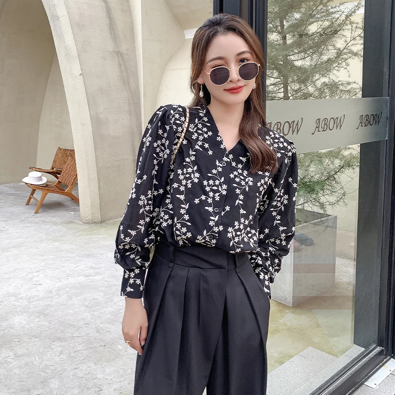 Floral Printing Chiffon Blouse V-neck Single Breast Long Sleeves Loose Design Spring Summer Fashion Lady Blouse