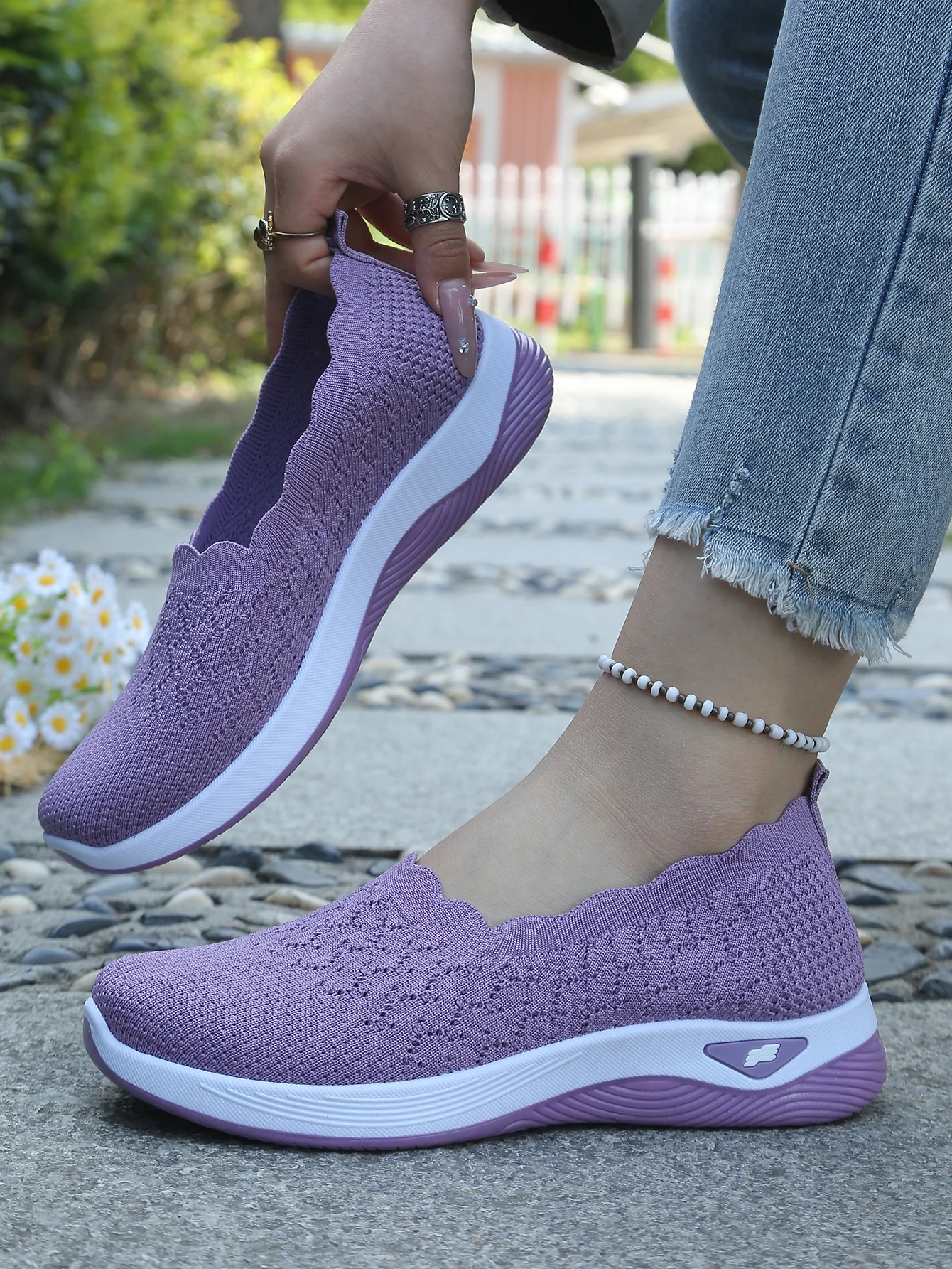 Damen-Slip-On-Freizeitsneaker aus Strick, atmungsaktive, leichte Komfort-Wanderschuhe mit Muschelbesatz, kostenloser Versand – Detail 2