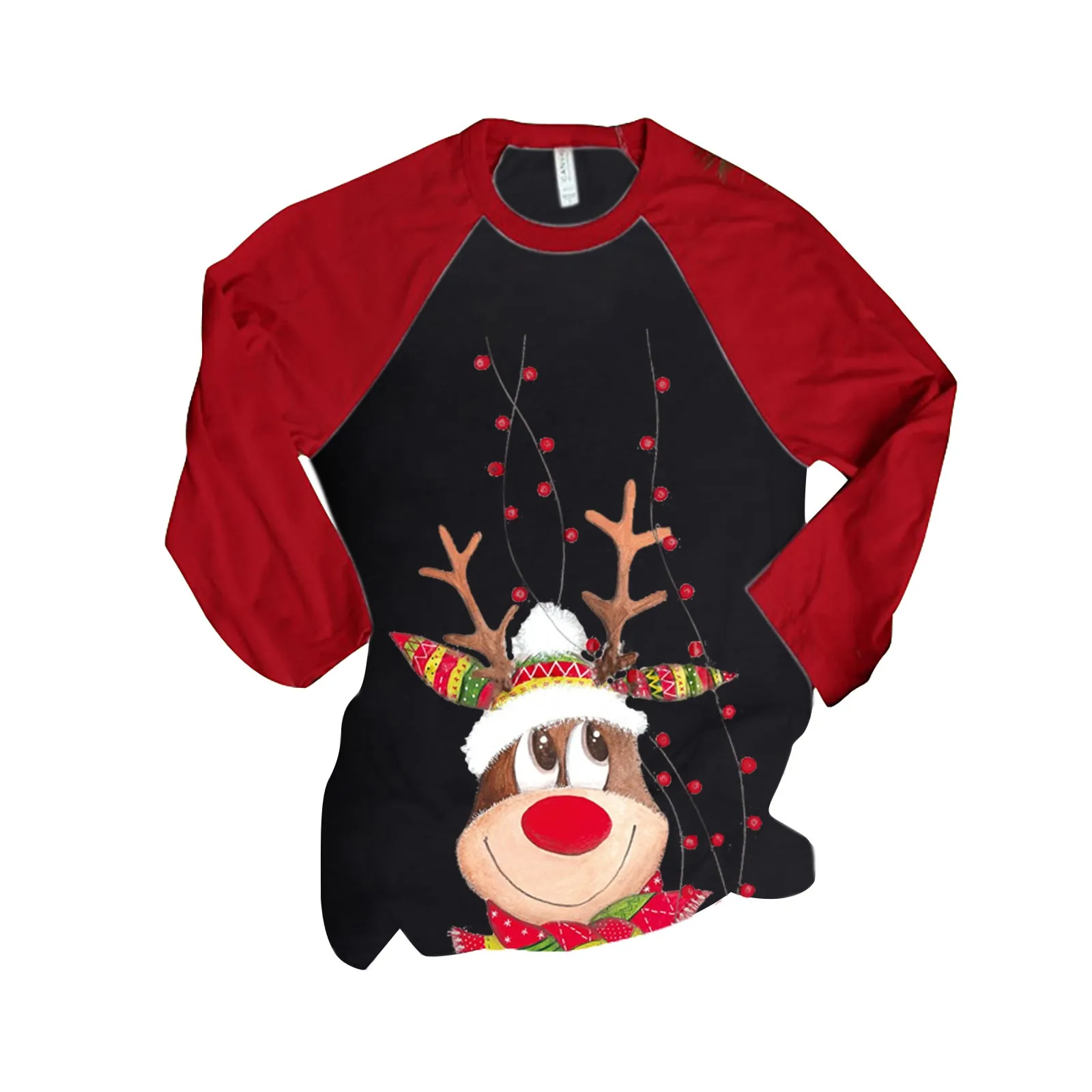 Autumn Winter Women\'s Pullover Christmas Print Color Blocking Long-sleeved T-shirt Shirt Top 2023