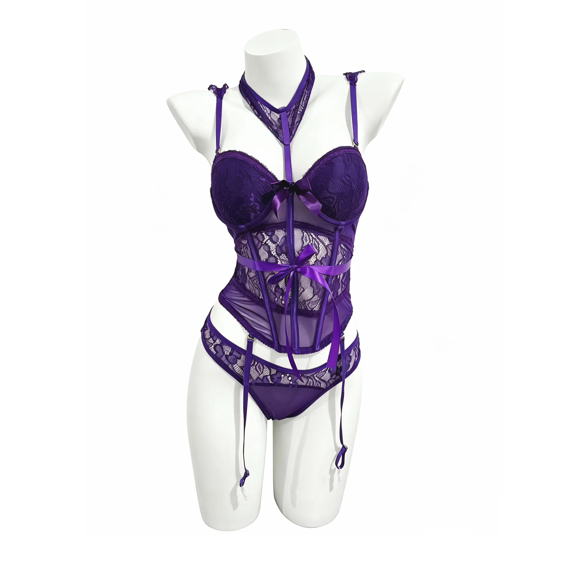 Sexy French Style Bodysuits  Lace-up Design Hollow-out Small Bust Push-up Corset Uniform Solid Color Bodysuits Charming 2UFH