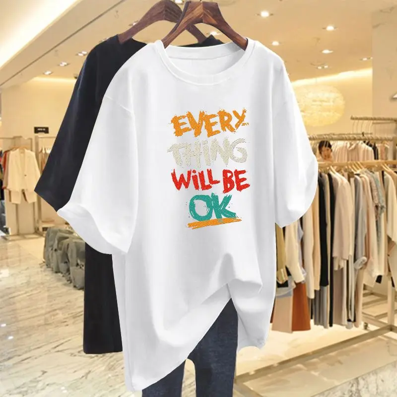 Women Chic Hand-Painted Letter Printing T-shirt Summer Fashion Casual O-neck Short Sleeve Top Tee Cotton Basic Pullover 45-105Kg