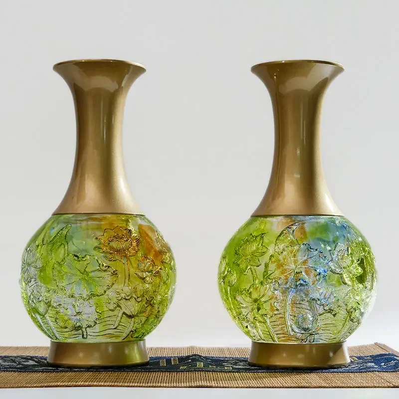 flower, vase home furnishing, brass ornament handicrafts, high-end entrance Chinese style, enamel relief, antique living room