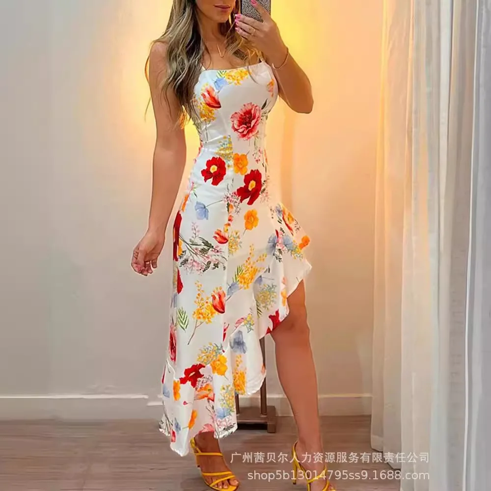 

Women's Asymmetric Ruffled Hem Sling Midi Dress High Waist Slim Summer Sleeveless Fashion Sexy Dress