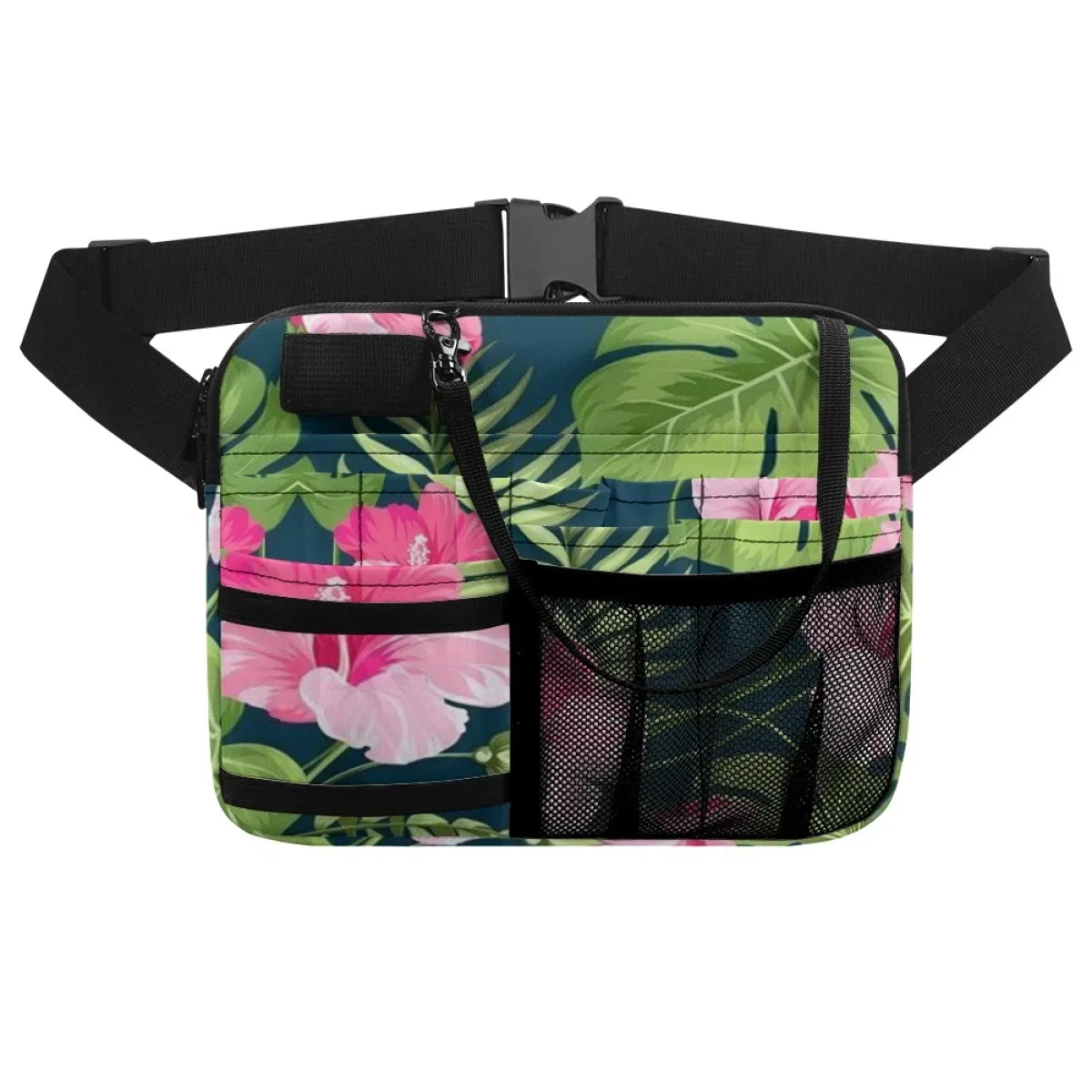 Medical Nurse Fanny Pack Tropical Palm Leaf Hibiscus Flower Design Utility Waist Bag Mult-Pocket Adjustable Medicine Storage Bag