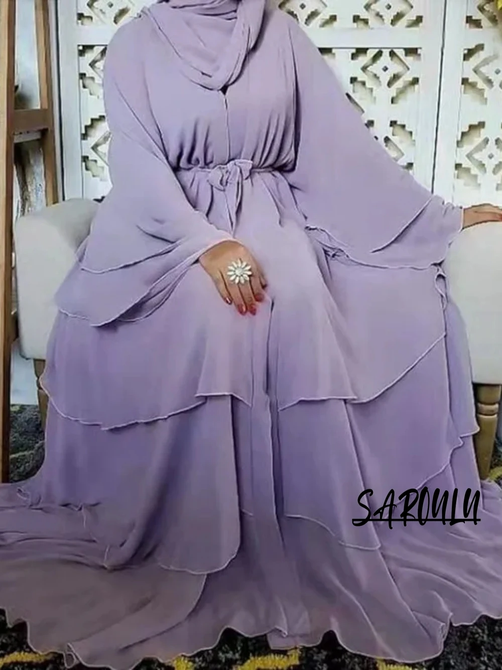 Muslim Women 3 Layer Chiffon Evening Dress Abaya Long Sleeve A-line Prom Dresses Elegant Simple Gown Vestido De Gala