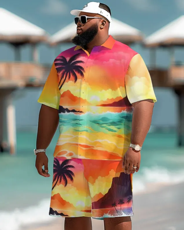 Biggmans Plus Size L-9Xl Summer Beach Men\'s Plus Size Hawaiian Coconut Tree Print Pocket Short Sleeve Shirt Shorts Set