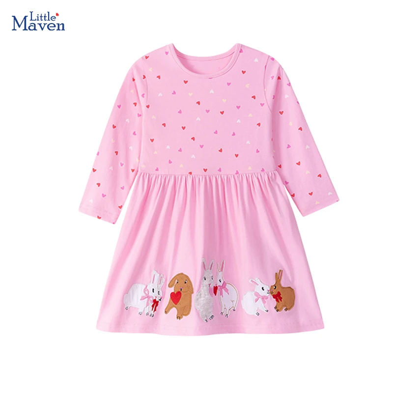 Little Maven Kleider für Mädchen, Stickerei, Tier, Kaninchen, Herbst, Frühling, Kinderkostüm, Baumwolle, Mädchen, lässig, langärmelig