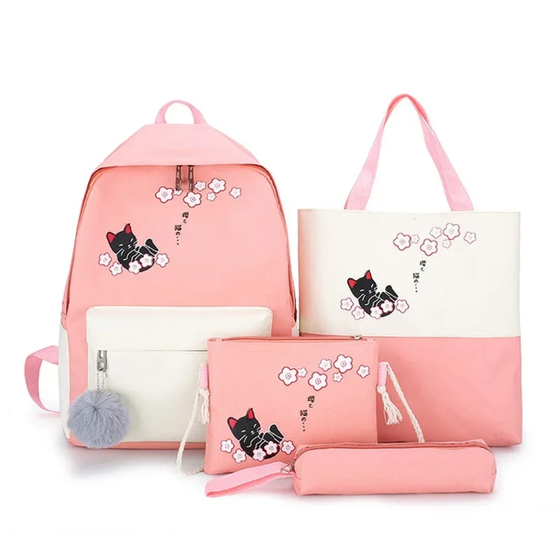 4pcs/set Fashion Women Backpack Cartoon Kawaii Luna Cat Canvas Shoulder Bag Student Laptop School Bags for Teenager Boys Girls