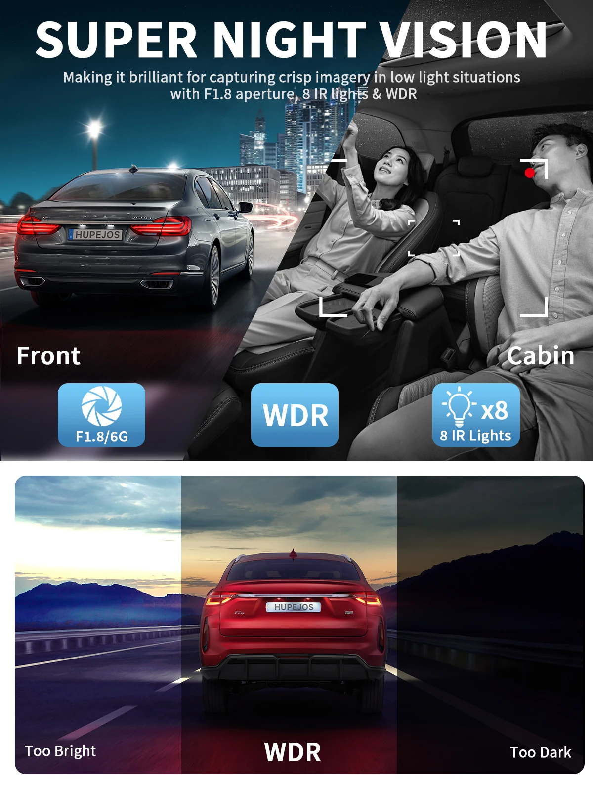 Cámara para Coche HUPEJOS V60-4CH 4K+1080P, Visión Nocturna Superior, Control por Voz, WiFi y GPS Integrados de 5 GHz, Modo de Estacionamiento 24H, DVR para Coche