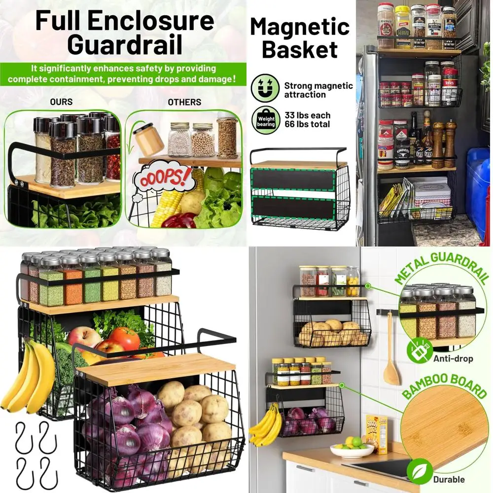 

Magnetic Refrigerator Shelf with Wooden Lid, Storage Bins for Fruits, Potatoes, Onions, Pantry Organizers, Large Magnetic Spice