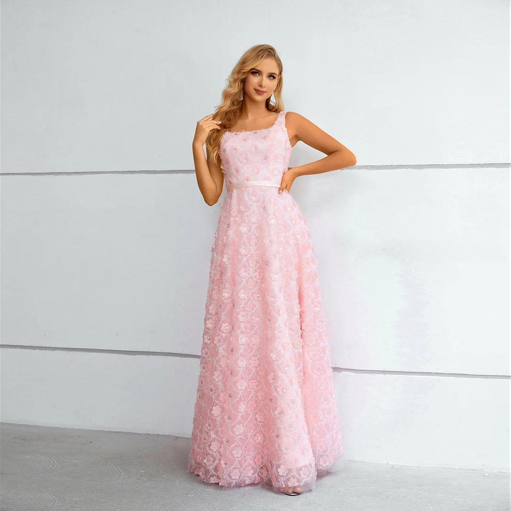 Customized Exquisite Square Collar A-Line Evening Dresses Pink 3D-Flowers Sleeveless Lace Sequin Long Prom Gown Modern Tulle Par