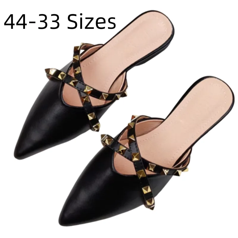 Lady Gold Rivets Slippers No Heels Summer Shoes Pointy Toe Retro Slides Outdoor Wide Fits EU48-33 29cm Footwear Beige Black Cute
