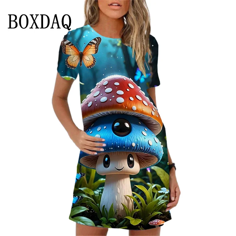 Cartoon Mushroom Print Women Dress 2024 New Summer A-Line Dress Fashion Sweet Short Sleeve O-Neck Loose Ladies Dress Vestidos