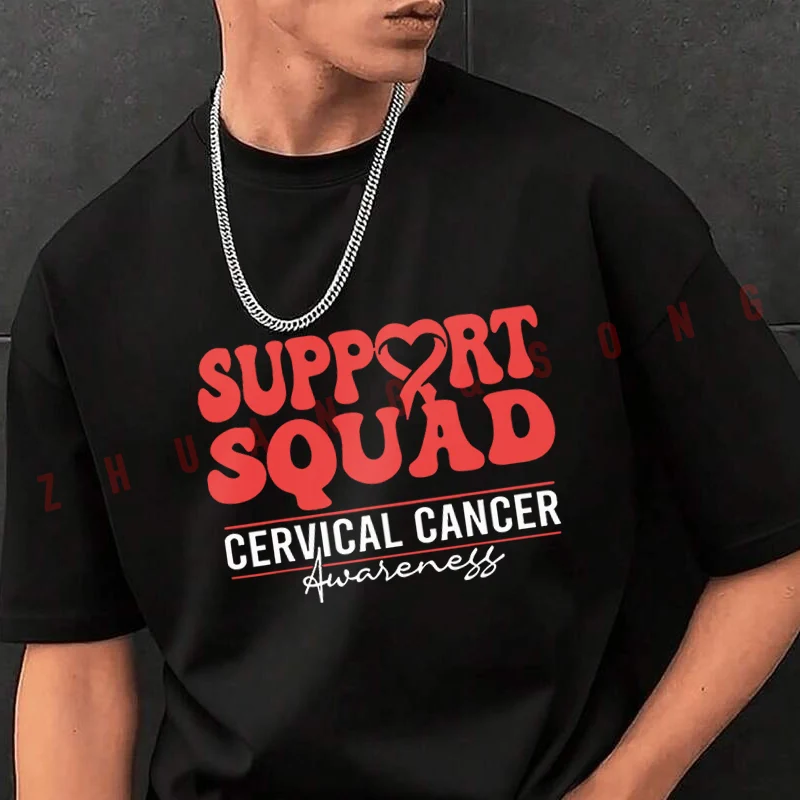 

Cervical Cancer Awareness Support Squad Groovy Men's Fashionable Printed T-Shirt Short Sleeve Exquisite Design Essential T Shirt