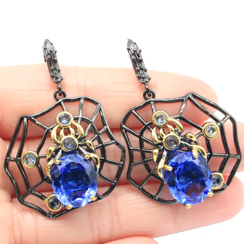 

Buy 5 Get 1 Free 47x33mm Unique 13.5g Spider Shape Violet Tanzanite Blood Ruby Green Peridot Black Gold Silver Earrings